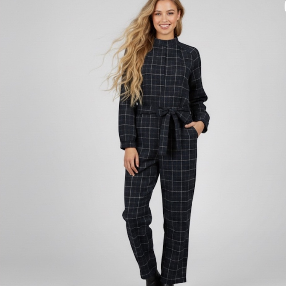 Outerknown Organic Cotton Flannel Jumpsuit Navy Plaid Long Sleeve Small